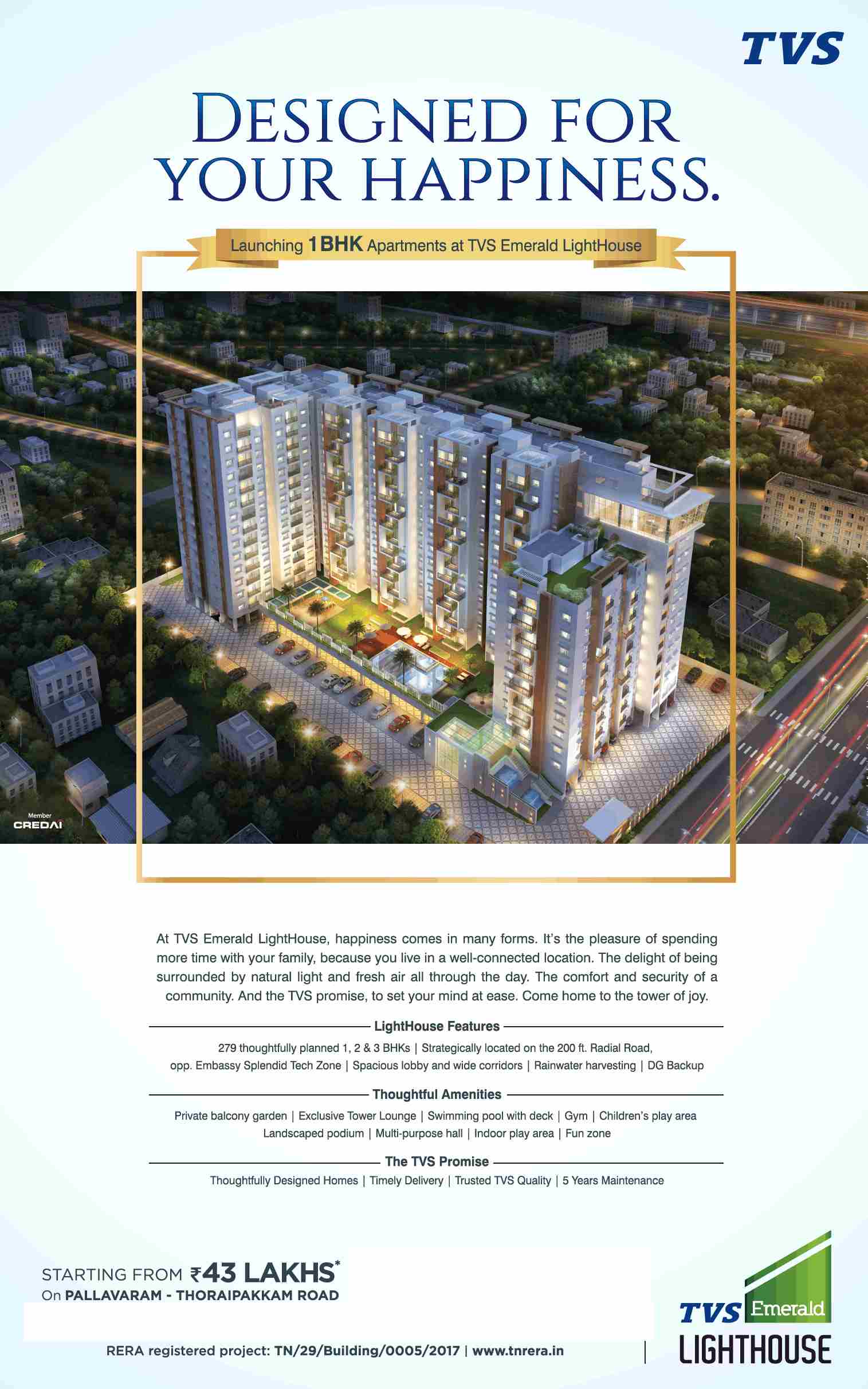Book 1 BHK @ Rs 43 Lakhs at TVS Emerald LightHouse in Chennai Update